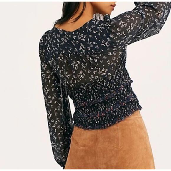 Free People Crop Top Black Small Long Sleeve Boho Tunic Blouse Floral Ruffled - Picture 3 of 10